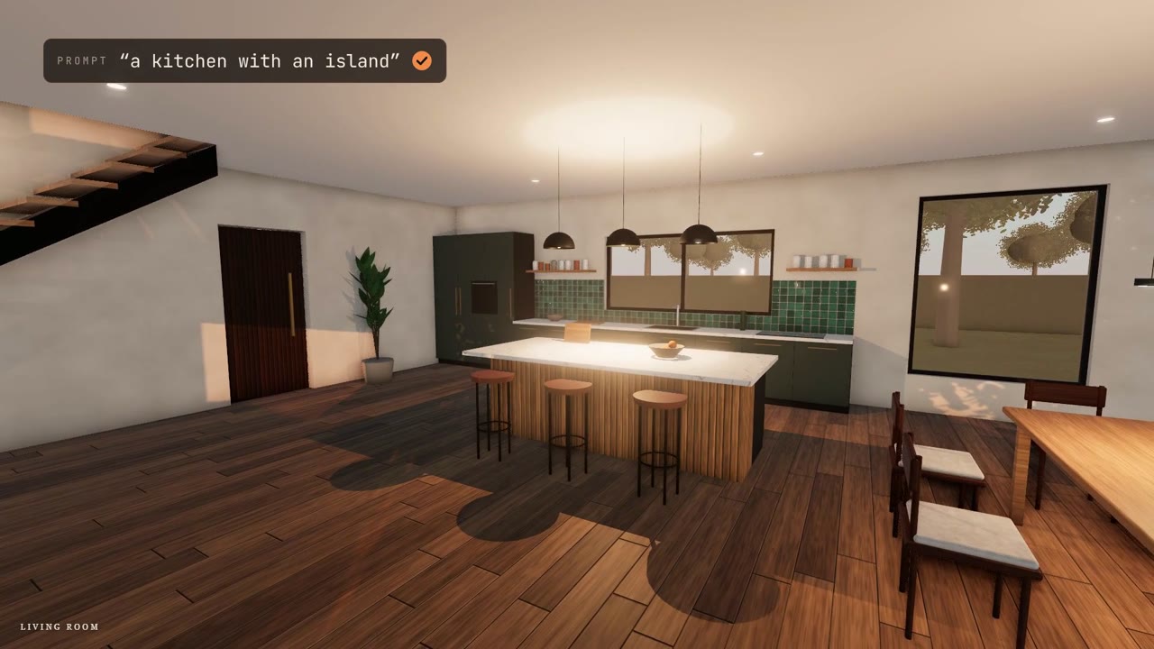 The kitchen: an island with three stools under pendant lamps, green tiles, a dining table, the stairs on the left.