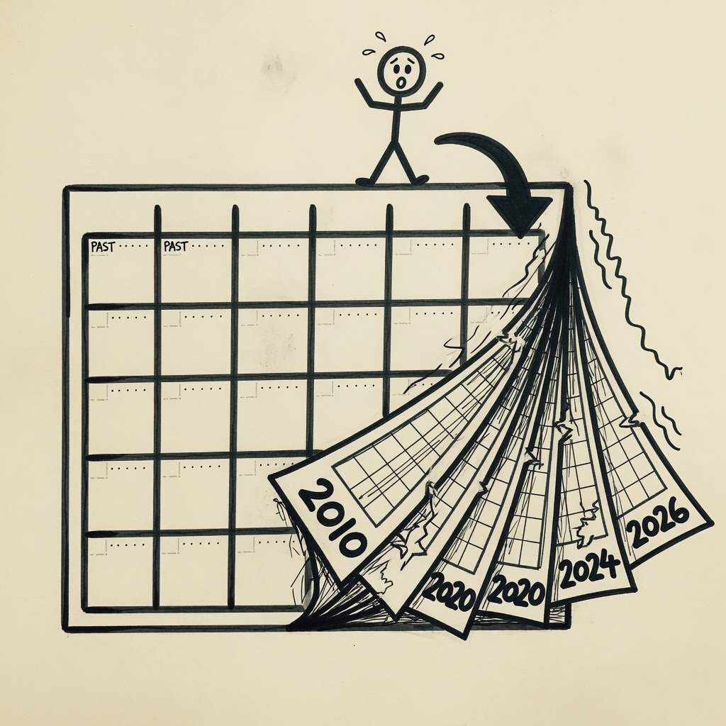 Stick figure standing on a calendar as recent years compress into a wedge.