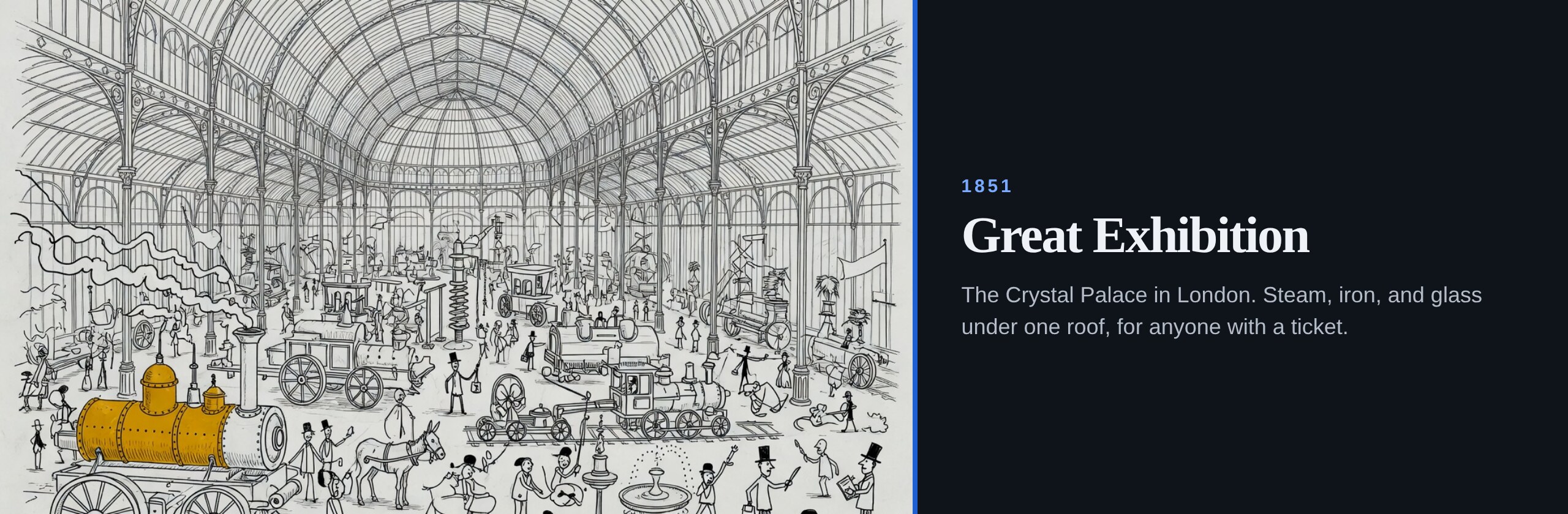 1851. Great Exhibition. The Crystal Palace in London. Steam, iron, and glass under one roof, for anyone with a ticket.