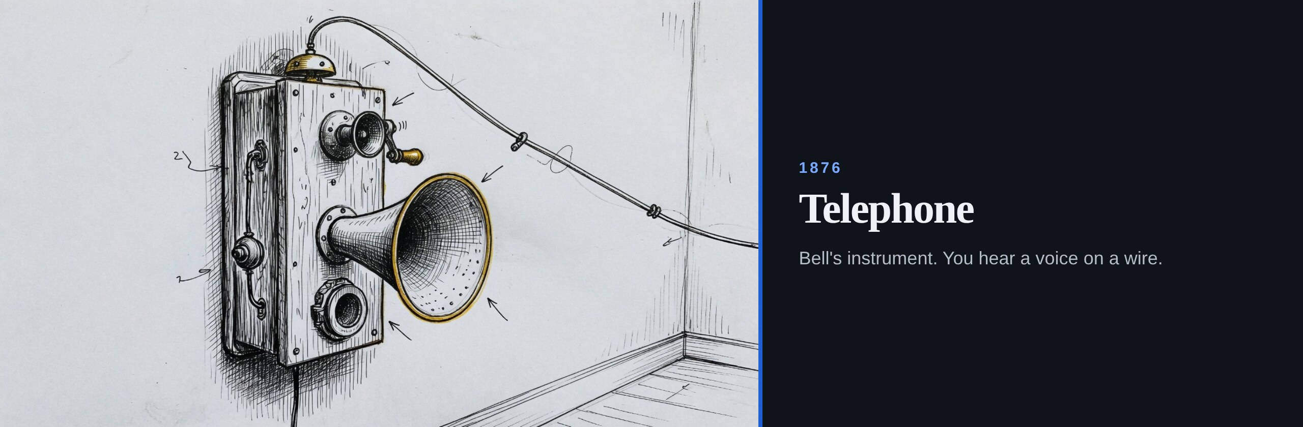 1876. Telephone. Bell's instrument. You hear a voice on a wire.