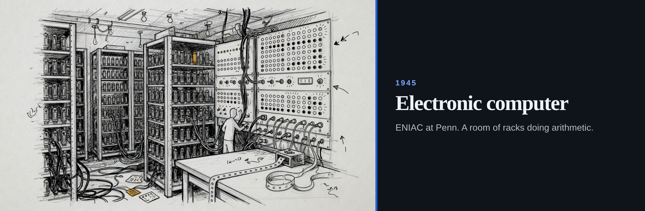 1945. Electronic computer. ENIAC at Penn. A room of racks doing arithmetic.