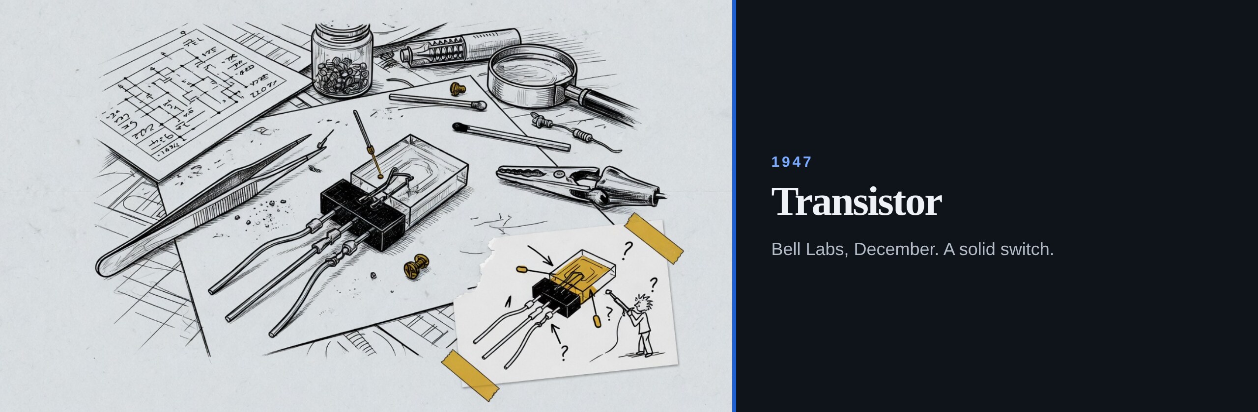 1947. Transistor. Bell Labs, December. A solid switch.