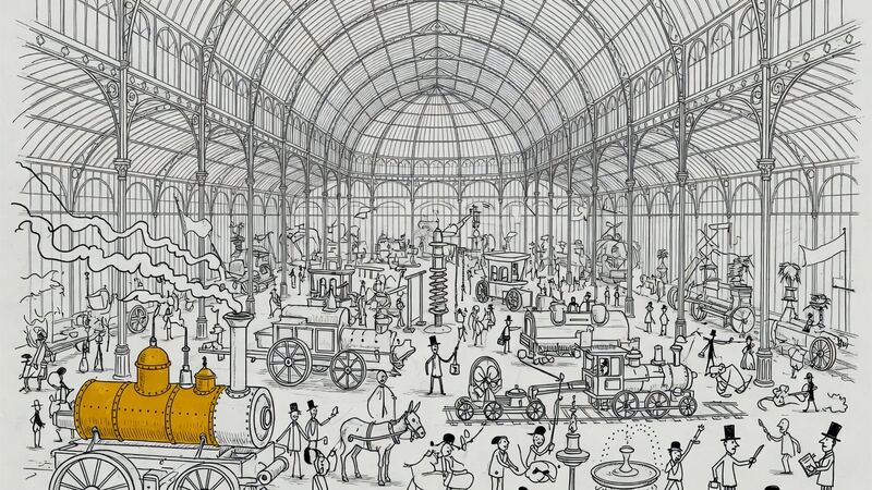 Glass exhibition hall filled with machines and iron arches.