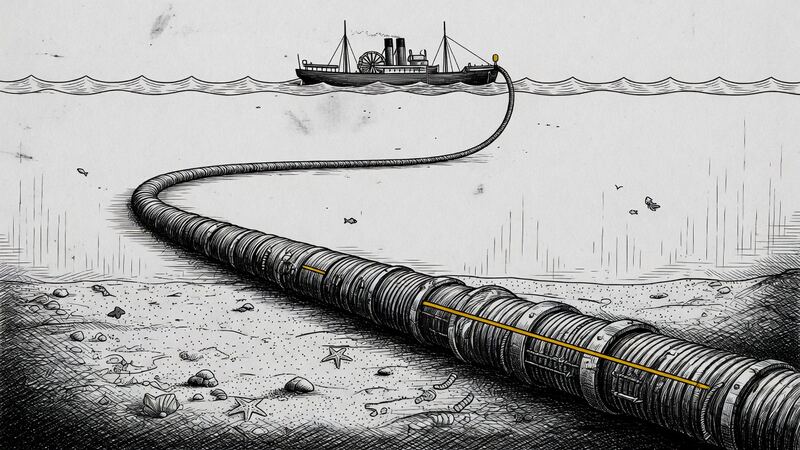 Thick telegraph cable laid across a dark ocean floor.
