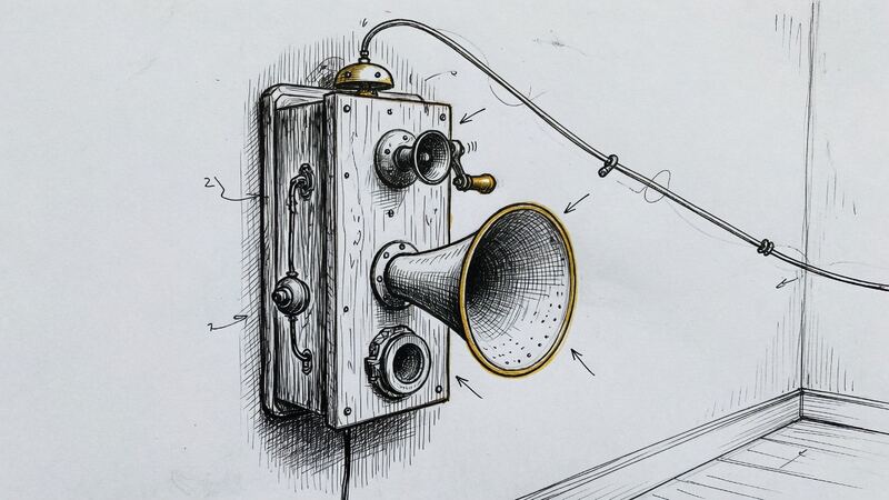 Early wooden wall telephone with a speaking cone and a wire.
