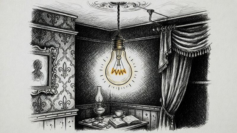 A single incandescent bulb lighting a dark room.
