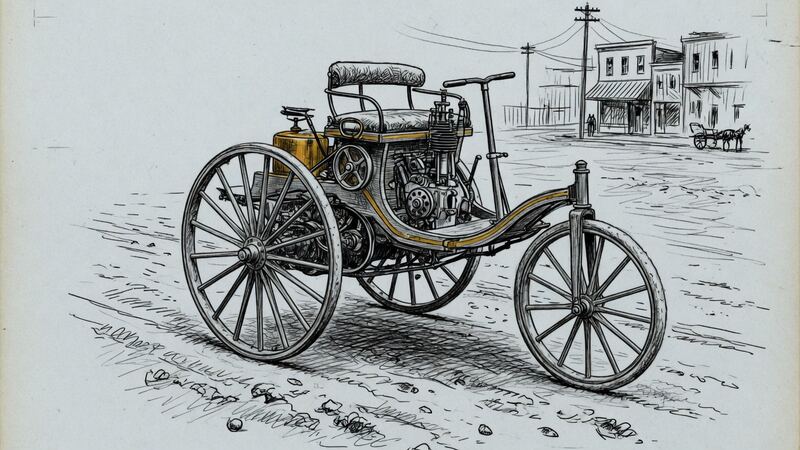 Early three-wheeled motor carriage on a dirt street.