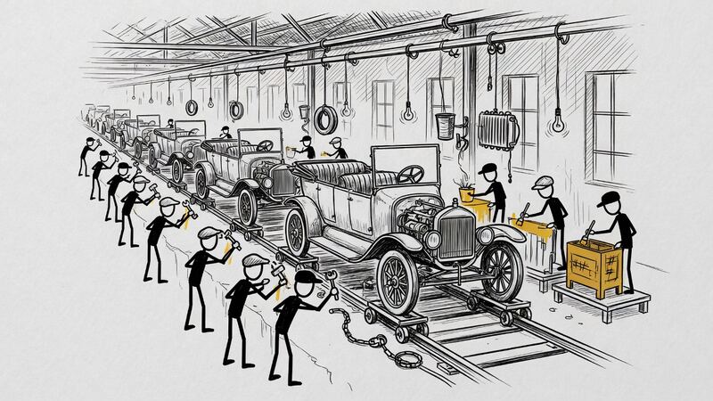 Factory line of car chassis moving past workers.