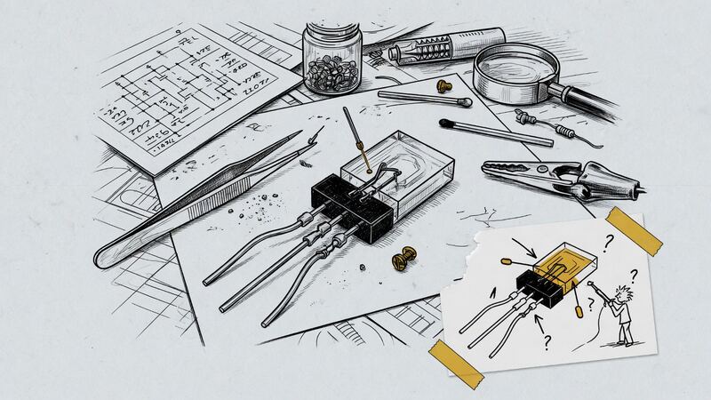 Close view of an early point-contact transistor on a workbench.