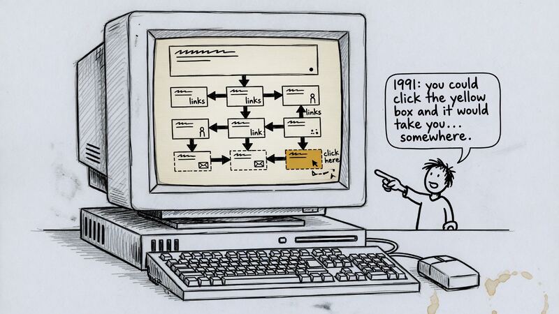 Early computer screen showing a simple hypertext page.